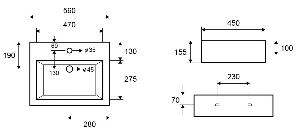 Мивка LT5027 56x45 техническа схема с размери 56x45x15,5 см, отвор за смесител, монтаж на стена, върху мебел или плот - KERANOVA