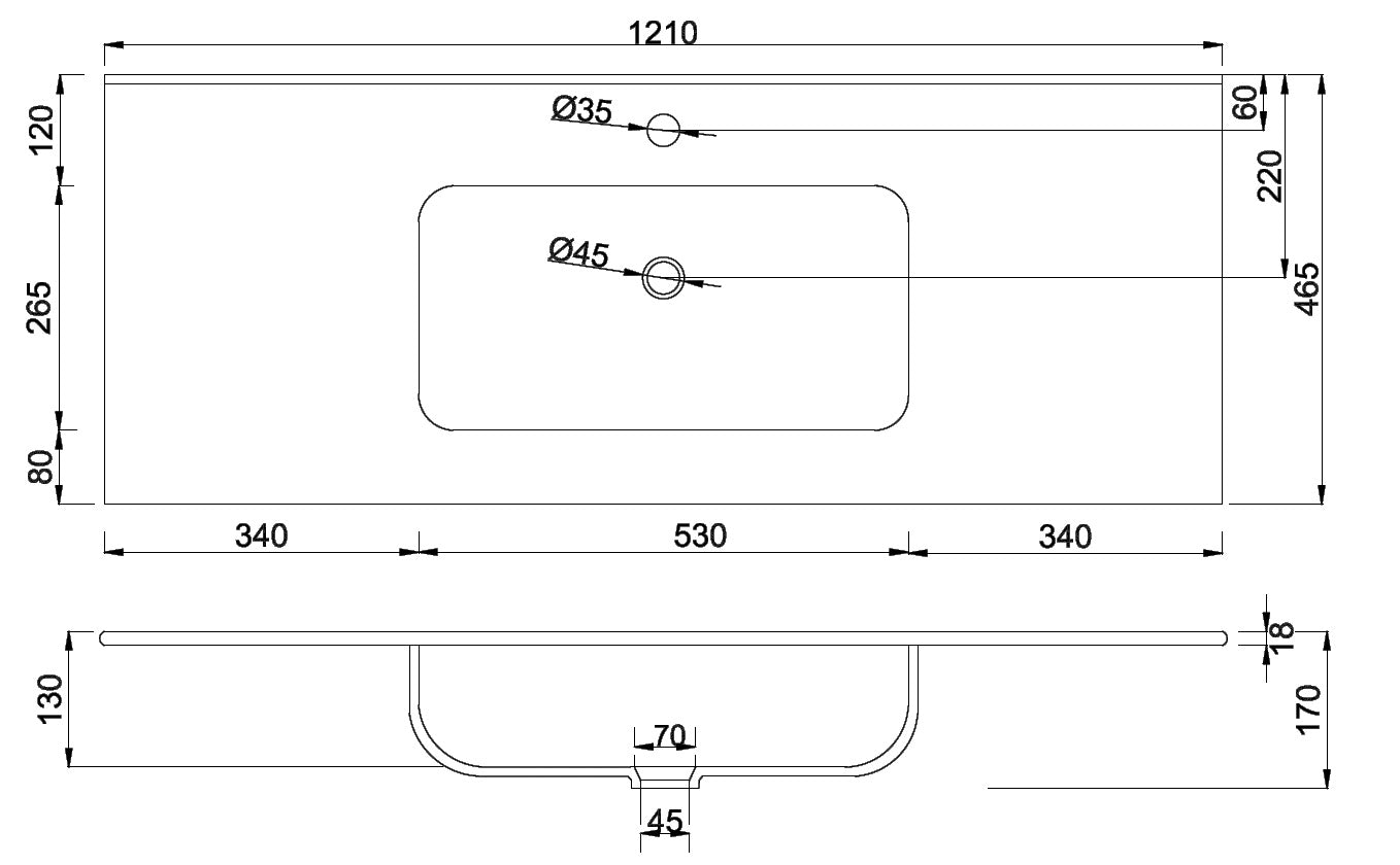 Мебелна мивка LT-7506-120 121х47 см. технически чертеж 1210x465 мм, отвор Ø35/Ø45, мивки за баня, мивка за баня