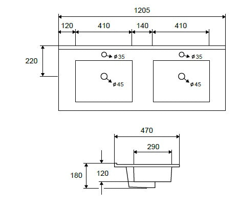 Двойна мивка LT-7506-120D 120,5х47 см. – технически чертеж с размери и отвори за смесител за онлайн магазин KERANOVA