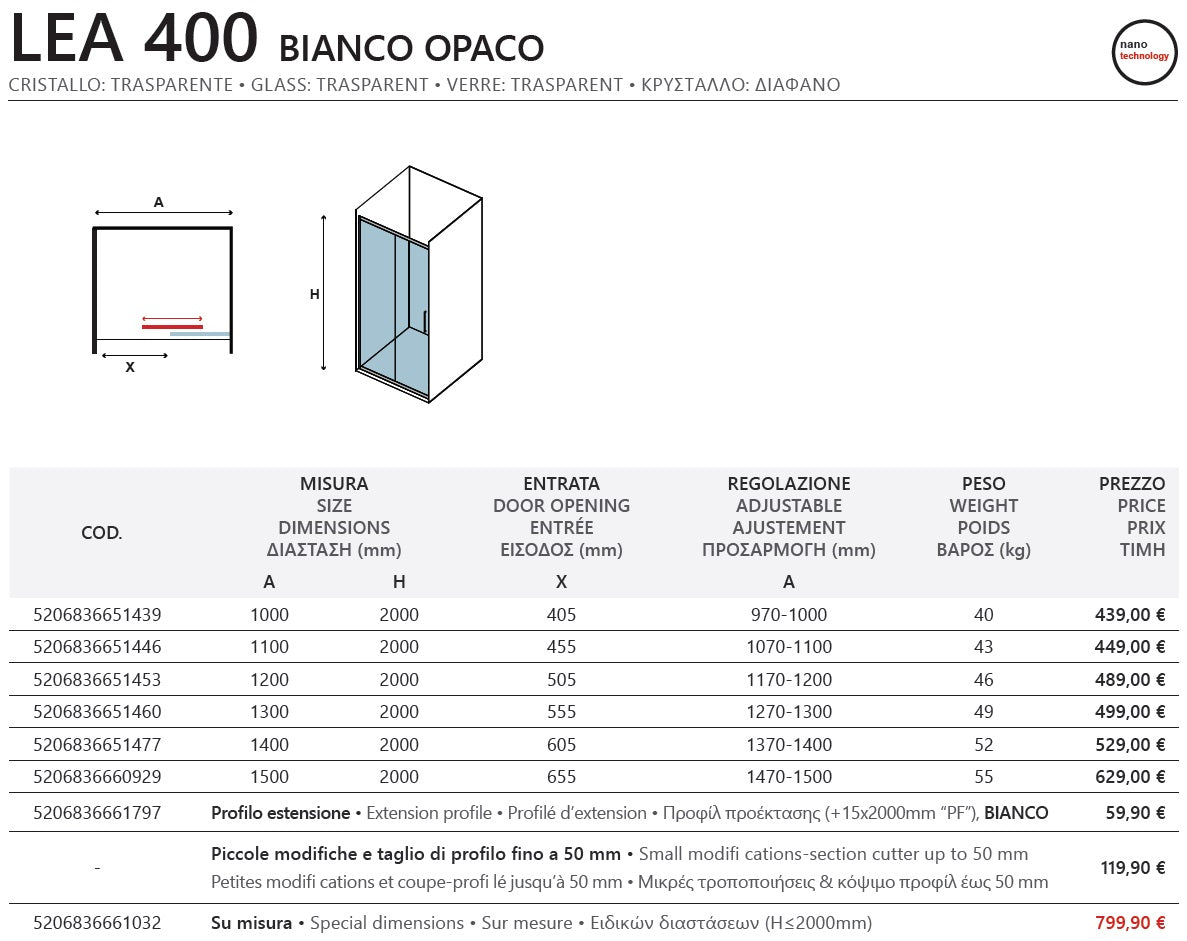 Lea 400 Bianco - 107-110 см. луксозен стъклен параван за баня с бял мат профил, плъзгаща и статична част, 6 мм закалено стъкло
