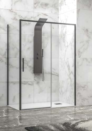 Асиметрична кабина Lea 400 L-3811 Nero - 80х130 см. минималистична душ кабина 6мм прозрачно стъкло черен профил антикалк KERANOVA