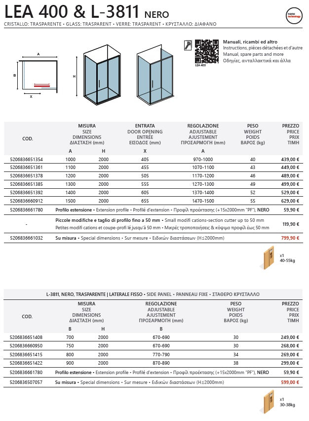 Асиметрична кабина Lea 400 L-3811 Nero - 80х130 см. схема и технически данни за душ кабина, прозрачно 6 мм стъкло, черен профил, KERANOVA