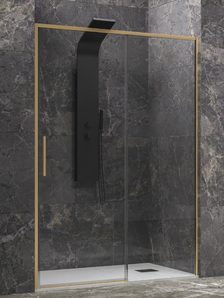 Alt Tag: Lea 400 Oro - 117-120 см. - профил златен мат луксозен стъклен параван с една плъзгаща и една статична част, матово златен профил