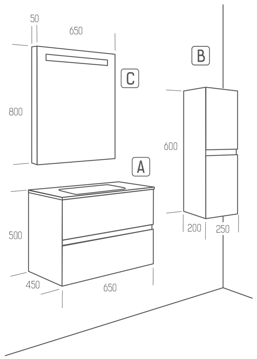 Серия Line 65 с врати - комплект PVC мебели за баня с шкаф с мивка 65x45x50, огледало с LED 65x5x80 и стенен шкаф-колона 25x20x60 - KERANOVA