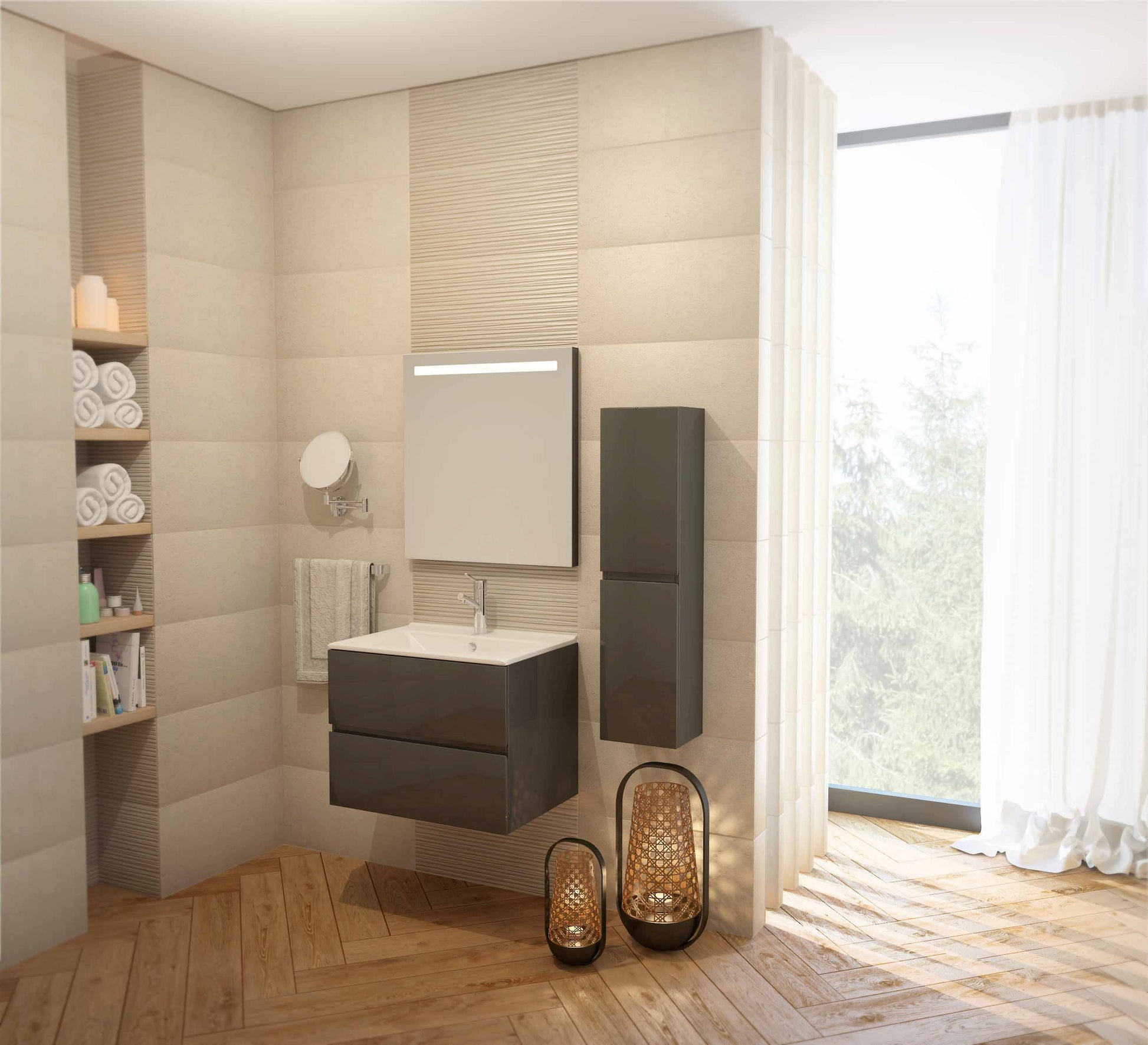 Серия Line 75 с чекмеджета - модерен PVC шкаф с мивка 75х45х50 см, огледало с LED и стенен шкаф-колона, онлайн магазин KERANOVA