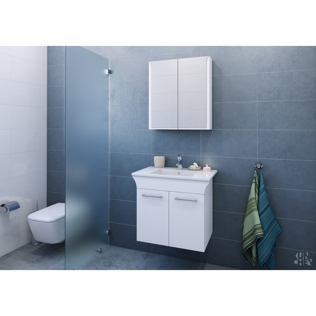 Мебел Линеа 65 см. бяло гланцово PVC комплект за баня с огледален горен шкаф и окачен долен шкаф KERANOVA