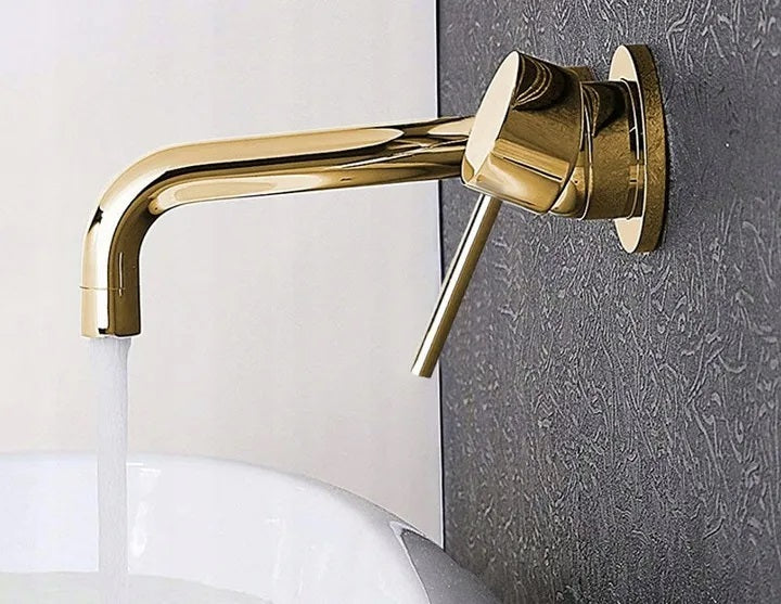 Стенен смесител за мивка Lungo Gold Wall златен вграден смесител с керамичен механизъм, чучур 16 см – онлайн магазин за бани KERANOVA