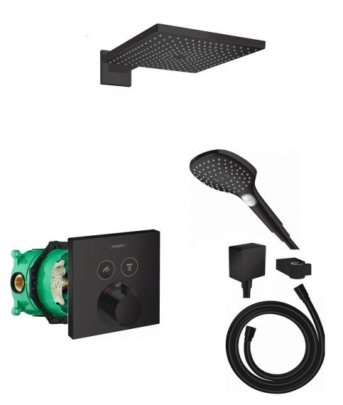 Hansgrohe Luxury Shower SET black matt вграден термостат, Raindance E 300 300x300 черен мат, ръчен душ и аксесоари - KERANOVA
