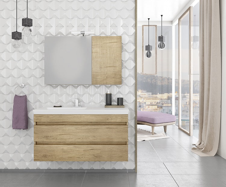 Мебел за баня Luxus PL Wood 100 см. – комплект с порцеланова мивка, огледален шкаф и осветление, онлайн магазин за обзавеждане за бани KERANOVA