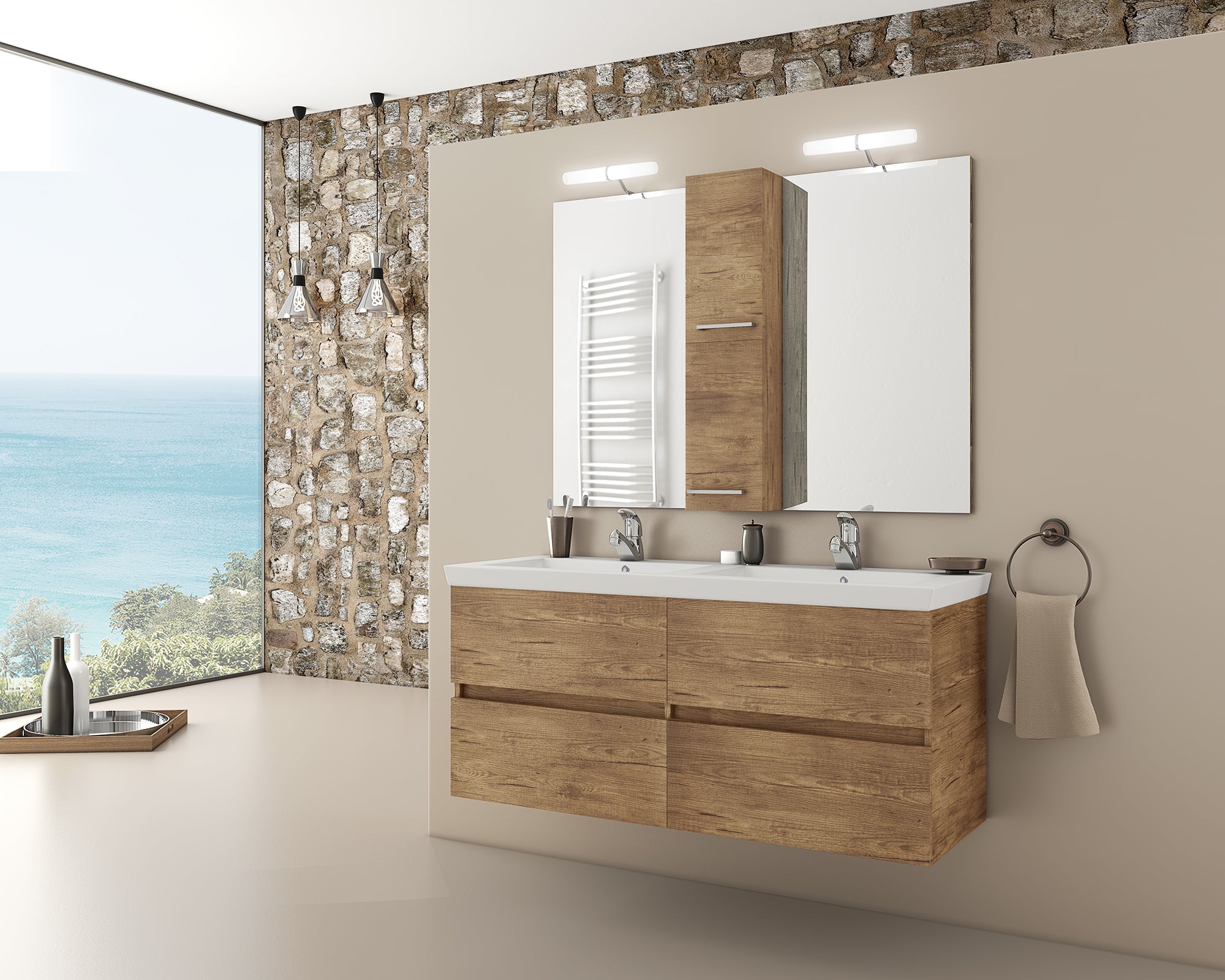 Мебел с двойна мивка Luxus PL Wood 120 см. от дърво, шкаф под мивка, порцеланова мивка, огледала и аплици – онлайн магазин KERANOVA