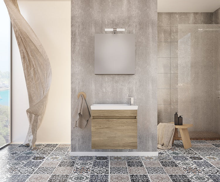 Мебел за баня Luxus PL Wood 60x34 см. с порцеланова мивка и огледален шкаф, дървесен финиш, онлайн магазин за обзавеждане за бани KERANOVA