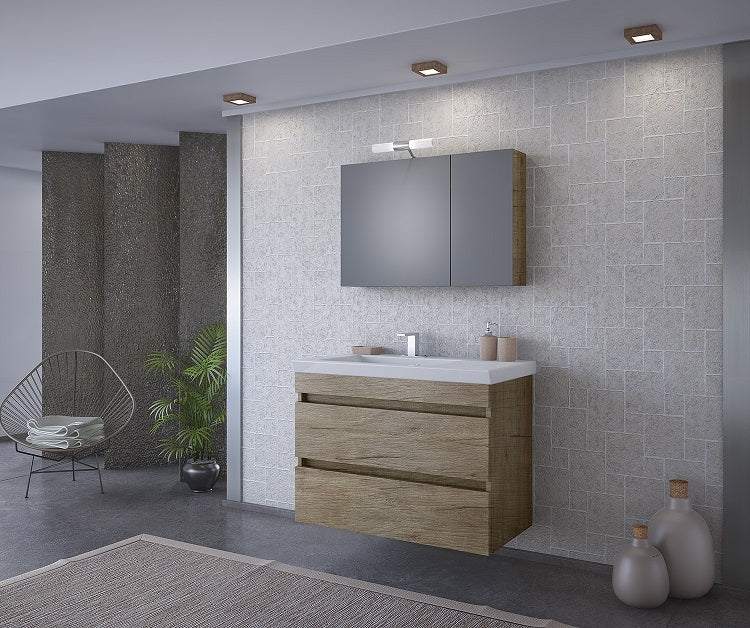 Мебел за баня Luxus PL Wood 85 см. в дървесен дизайн с порцеланова мивка, огледален шкаф с осветление — онлайн магазин KERANOVA