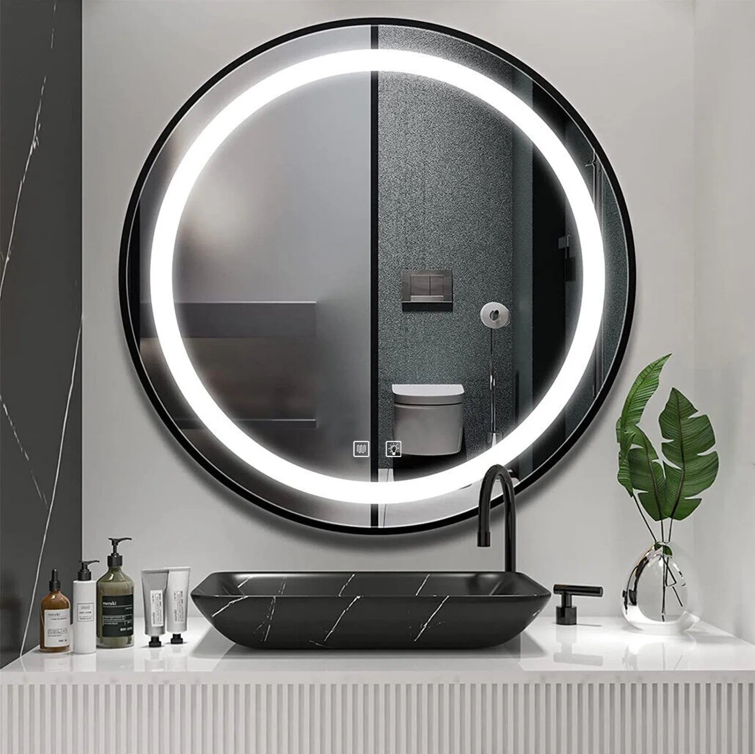 Огледало с осветление и подгрев MMJ Black Ф60 см. - кръгло баня огледало с LED, подгрев и Touch, черен алуминиев профил, KERANOVA онлайн магазин