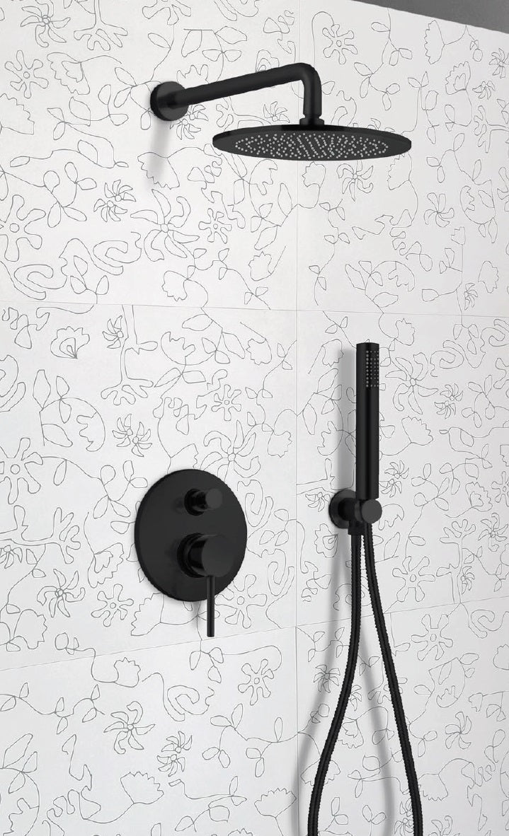 Душ система Minimal Black - Keller Taps вграден сет черен мат с душ пита, рамо, ръчен душ и смесител за онлайн магазин KERANOVA