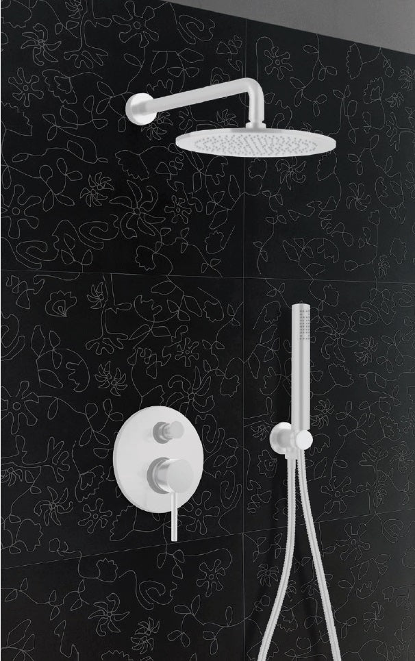 Душ система Minimal White - Keller Taps вграден бял мат комплект с голяма душ пита и ръчен душ за онлайн магазин KERANOVA