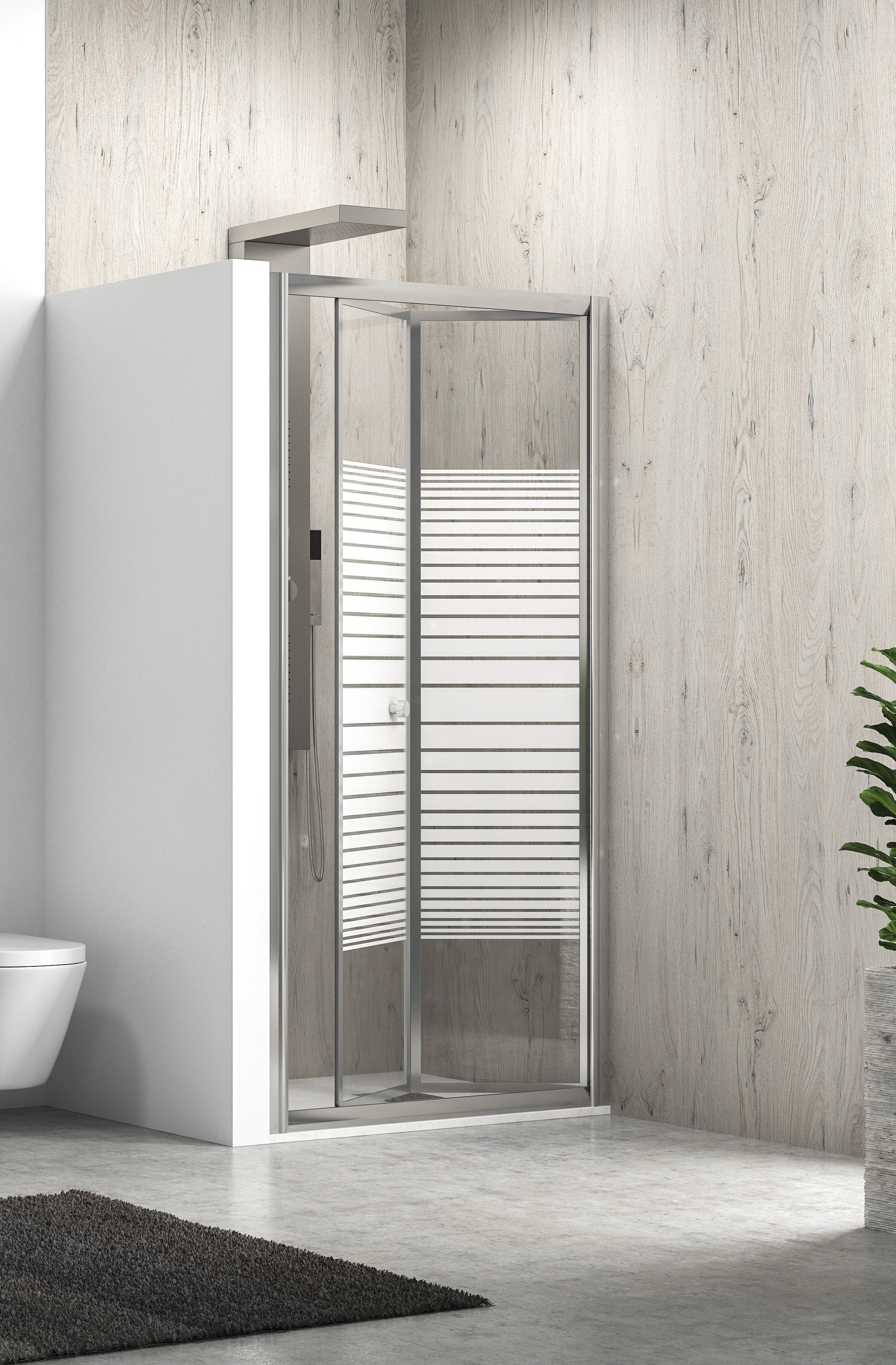 M4S - 76-81 СМ. - частичен мат стъклен параван за баня с две сгъваеми врати, хром профил, 4 мм закалено стъкло, KERANOVA