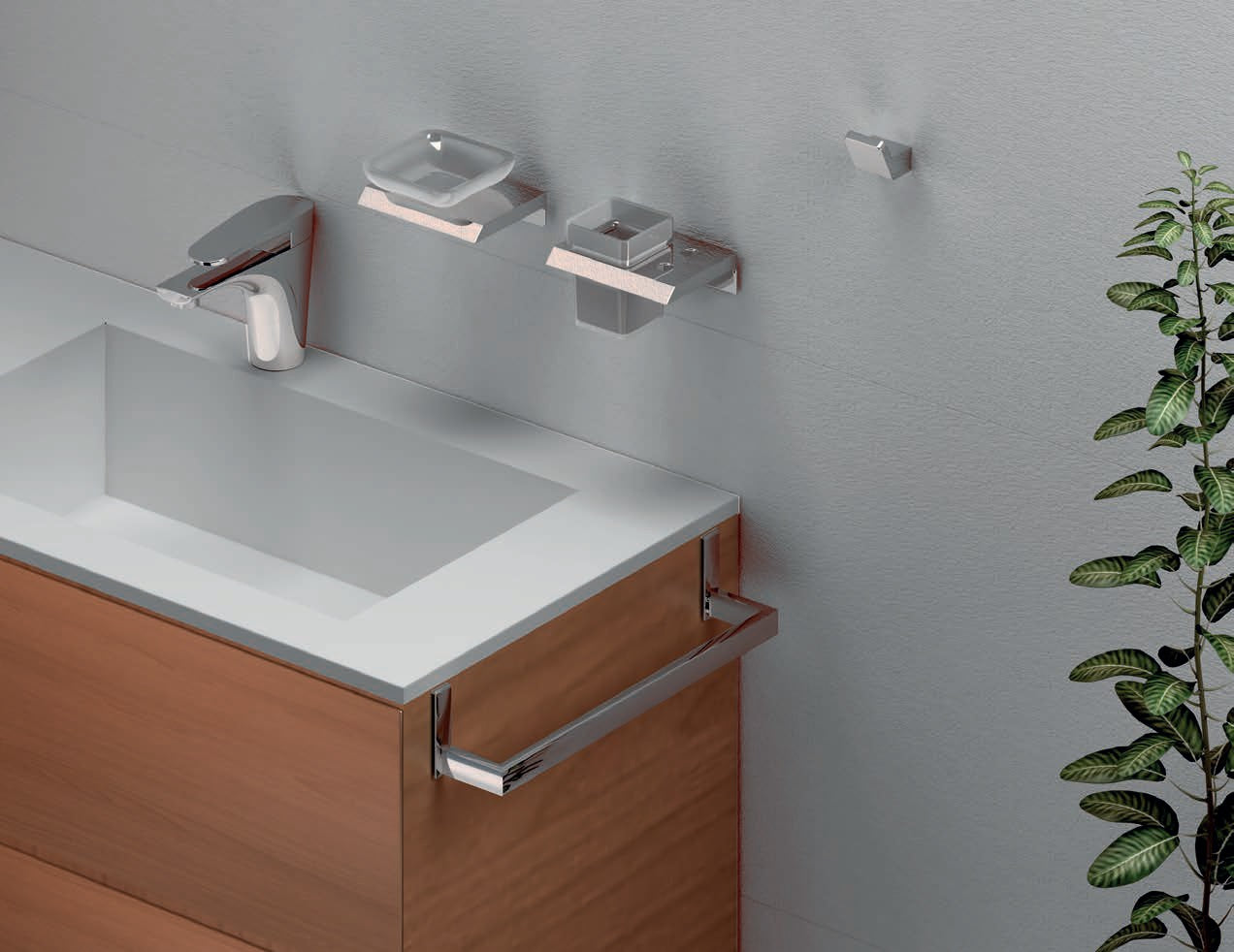 Серия Marina 2800 - Chrome хромирани луксозни аксесоари за баня на KERANOVA, стенен смесител и държачи в хром и черен мат