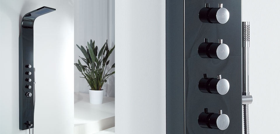 Хидромасажен душ панел Mariner Black за баня с термостатичен смесител, неръждаема стомана, ръчен душ - онлайн магазин KERANOVA