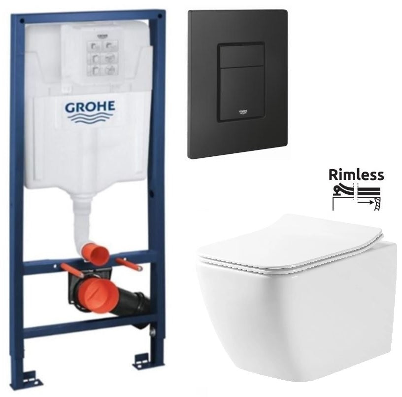 Kомплект Martin Rimless и GROHE Skate Cosmopolitan Black - вградено казанче Grohe, черен Skate активатор и окачена Rimless тоалетна за KERANOVA