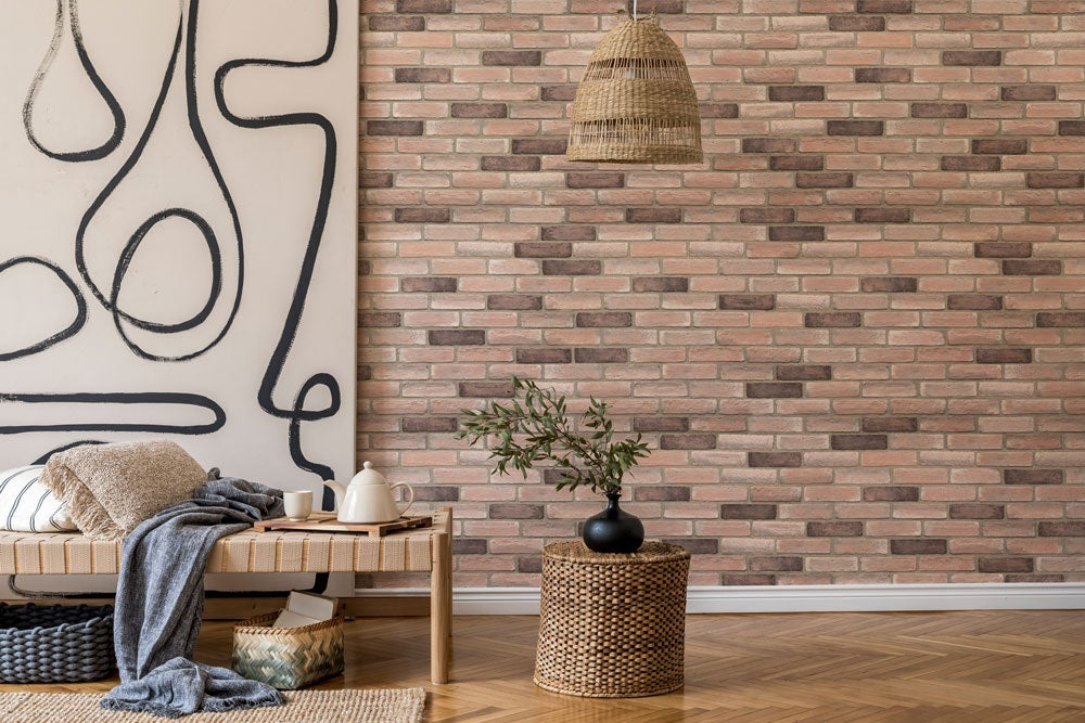 Masterbrick - 13 цвята: интериорна стена с декоративни изкуствени тухли, естествени тонове, показано в баня/дом KERANOVA
