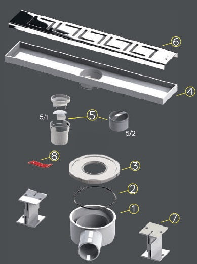 Линеен сифон Mira 40 и 60 см. експлодирана схема с решетка неръждаема стомана, тяло ПВЦ, воден затвор и крака за нивелиране - KERANOVA