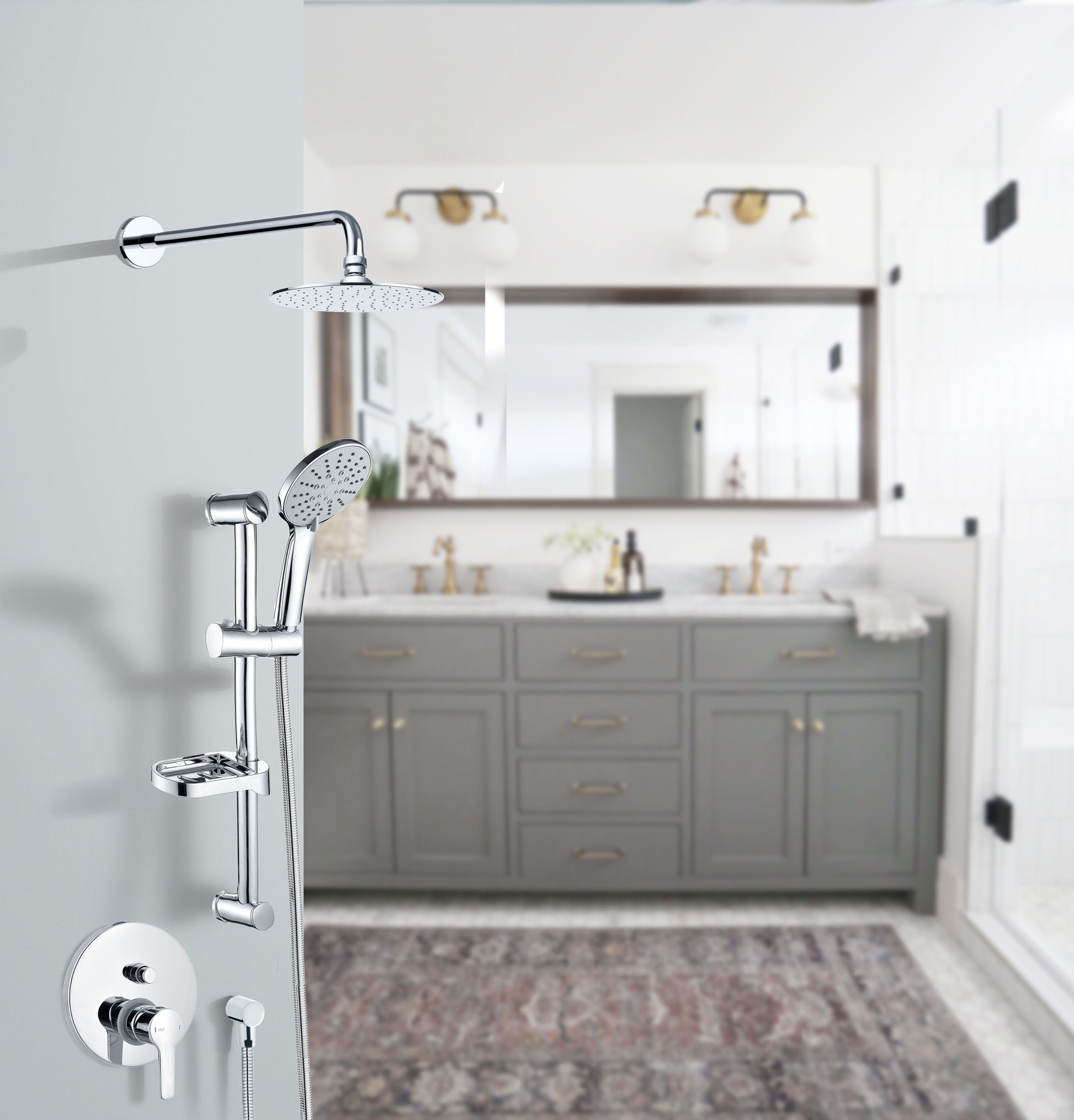 Вграден сет Miro Alpi с рамо от стената + статив в хром, душ пита 220мм и тръбно окачване – онлайн магазин за обзавеждане за бани KERANOVA