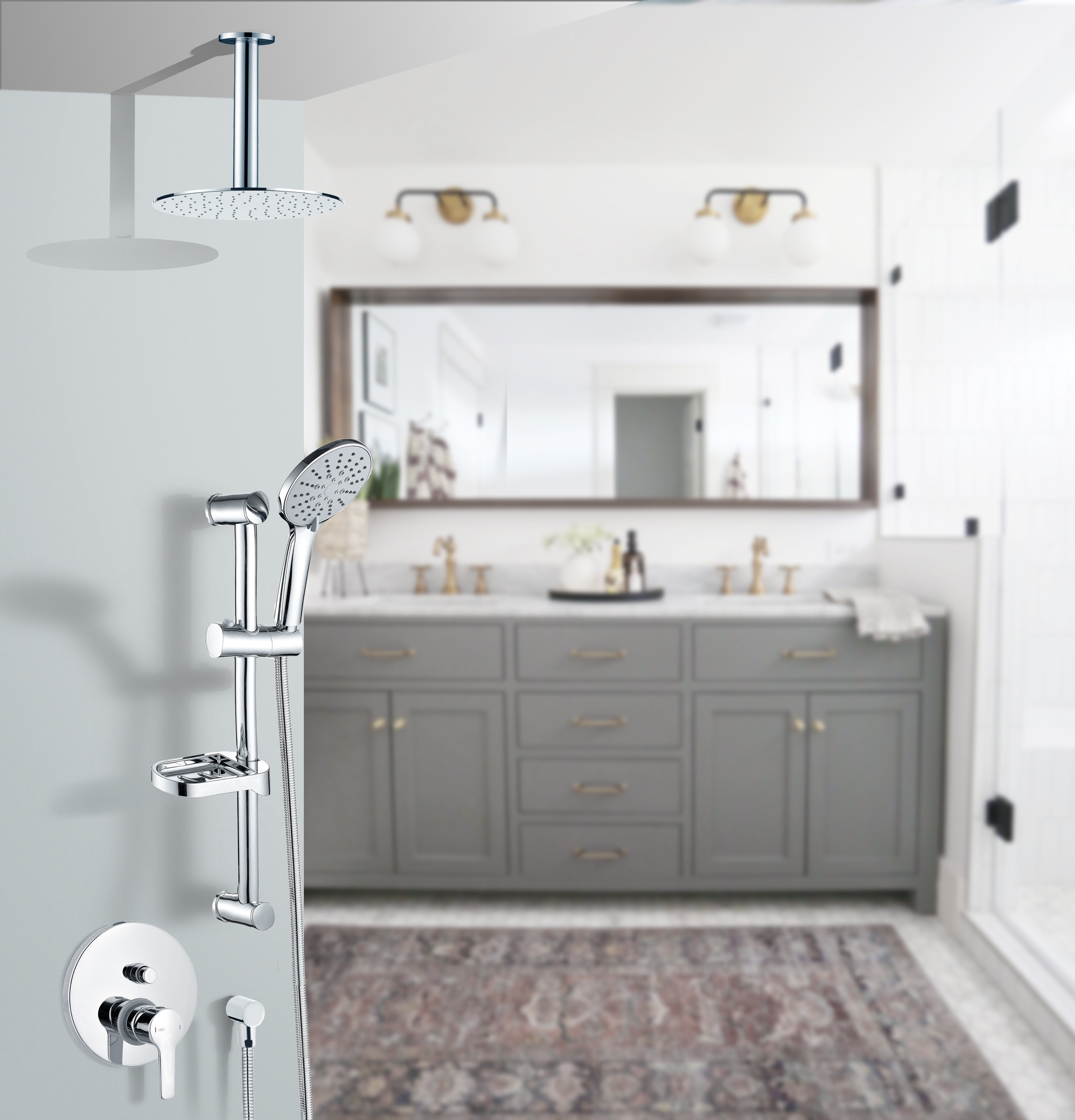 Вграден сет Miro Alpi с рамо от тавана + статив – хром душ комплект за вграждане с таванна пита и тръбно окачване за баня KERANOVA