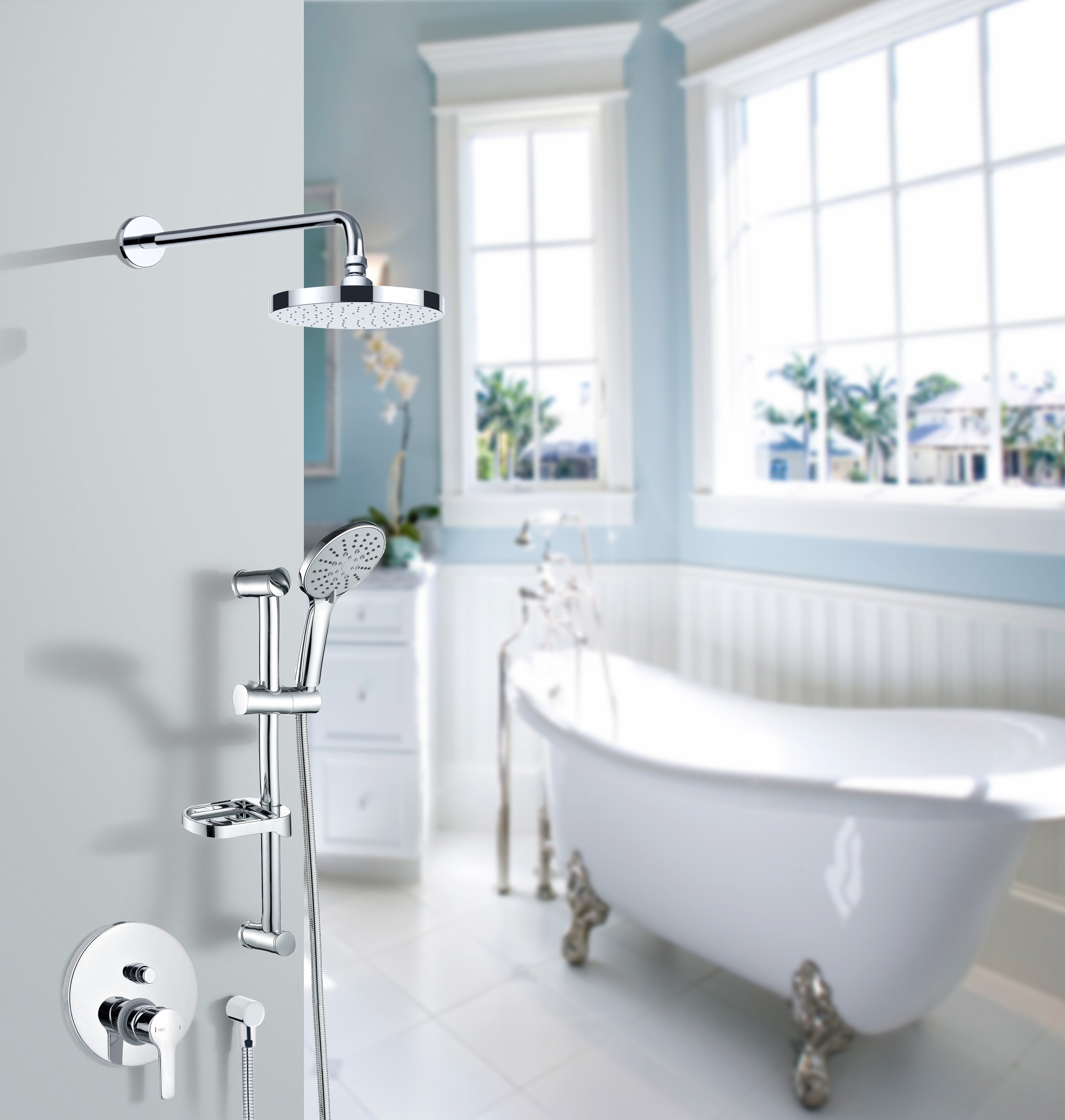 Вграден сет Miro Alpi с рамо от стената + статив в хром, душ пита 220мм и ръчен душ, онлайн магазин за обзавеждане KERANOVA