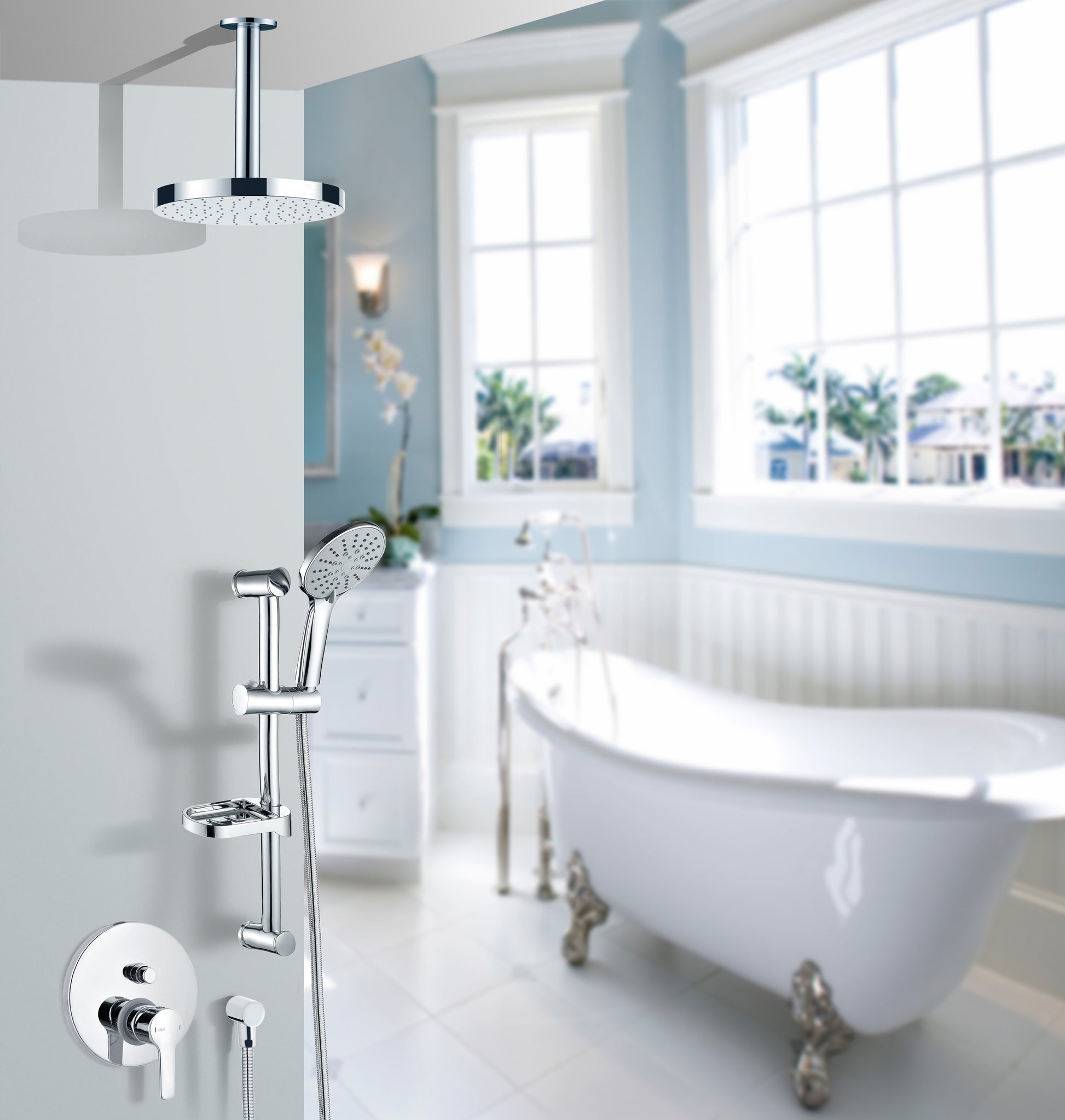 Вграден сет Miro Alpi с рамо от тавана + статив - хромирана душ система Miro, таванна душ пита 220мм и стенен статив, онлайн магазин KERANOVA