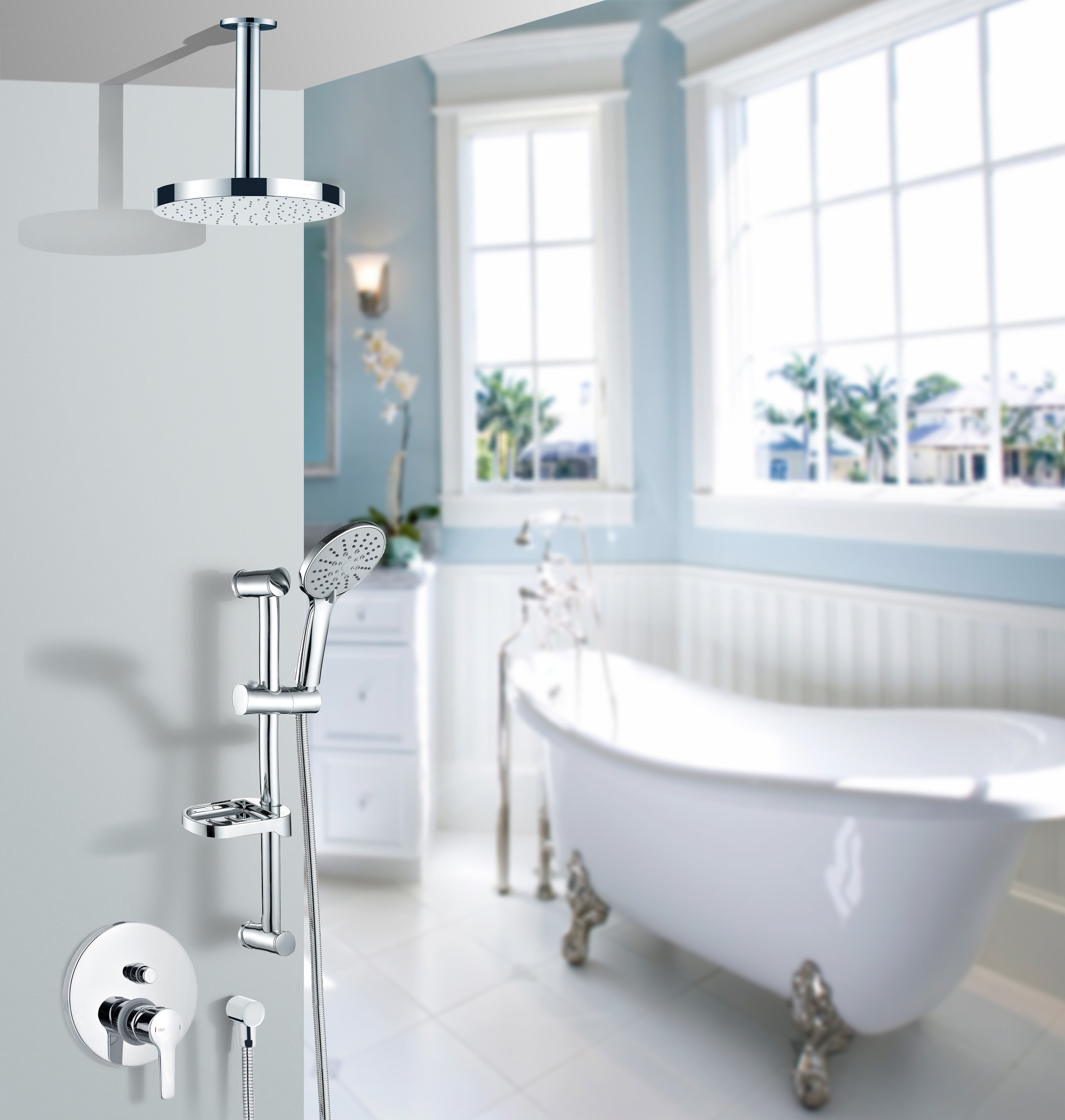 Вграден сет Miro Alpi с рамо от тавана + статив - хромирана душ система Miro, таванна душ пита 220мм и стенен статив, онлайн магазин KERANOVA