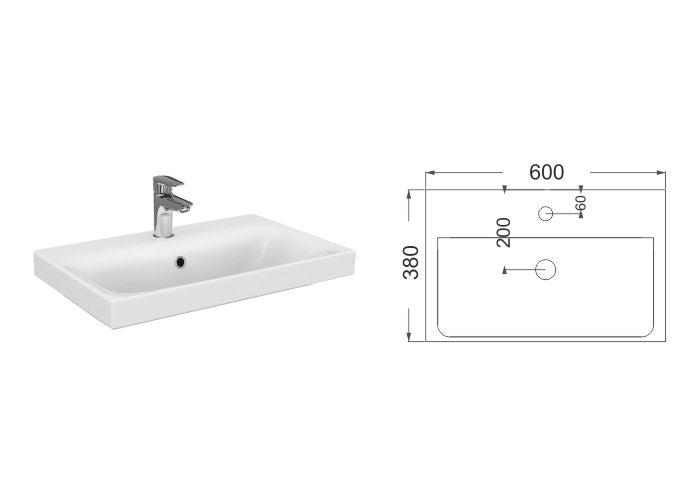 Серия Орегон  60 см. — бяла мивка Moduo Slim 60 с размери 600x380 мм, борд за долен шкаф, онлайн магазин KERANOVA