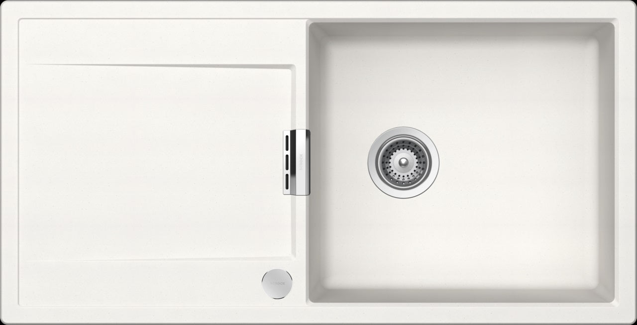 Гранитна мивка Schock Mono D100L - 8 цвята в бял Puro, компактна германска Cristadur мивка 100x51 см за шкаф 60 см, комплект с автом. сифон - KERANOVA