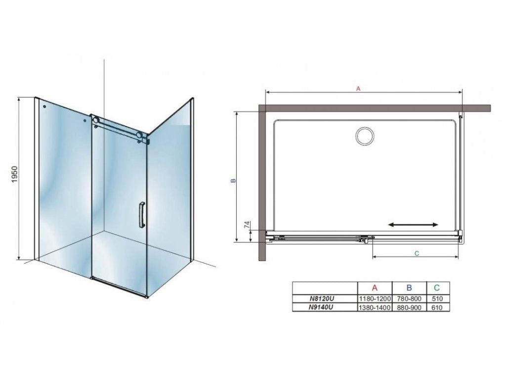 Кабина Saphir - 90x140 см. асиметрична душ кабина 8мм закалено стъкло, височина 195см, магнитен уплътнител, онлайн магазин KERANOVA