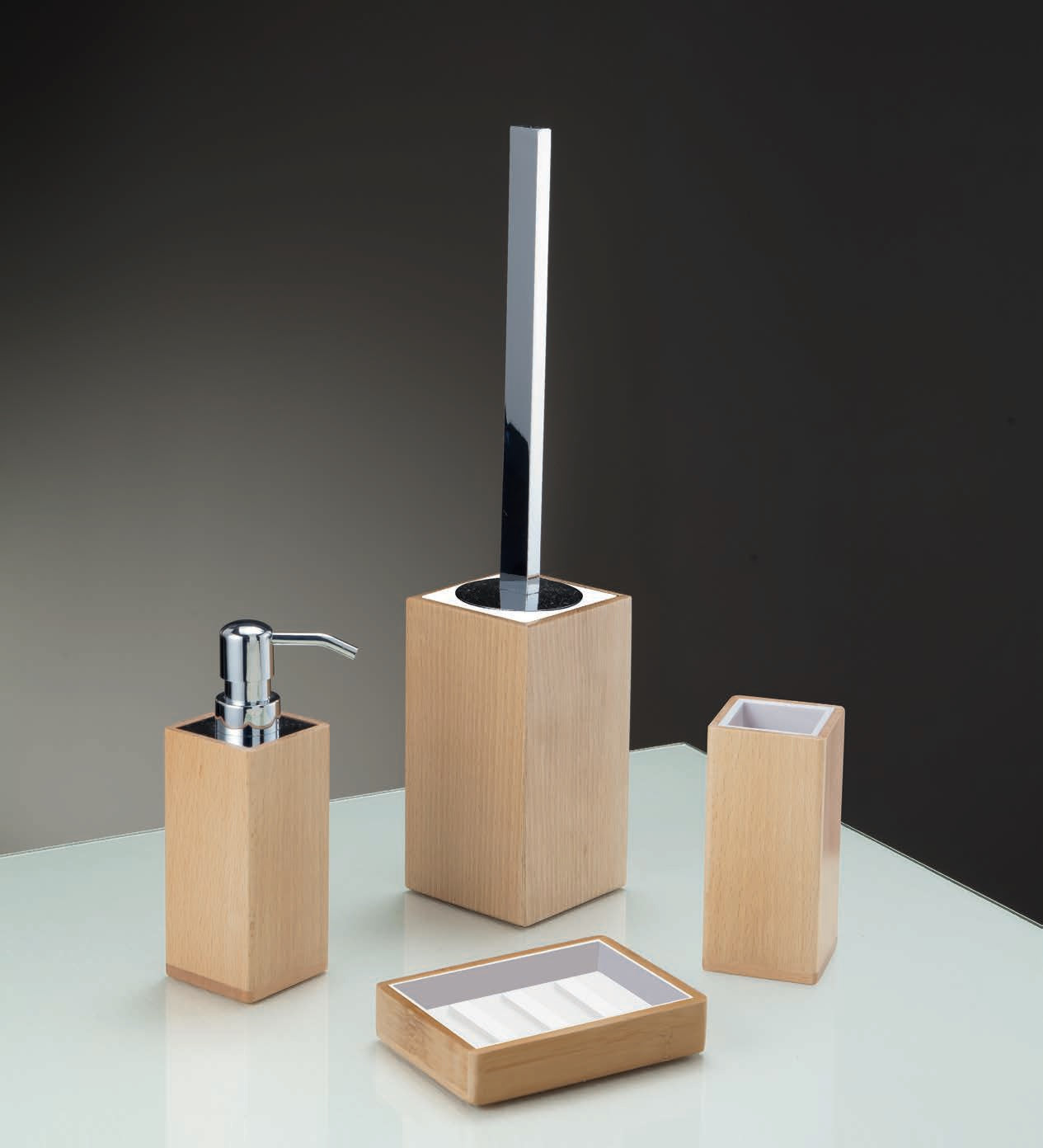Серия Natura 1900 - естествено дърво дървени аксесоари за баня комплект дозатор поставка за четка и сапун KERANOVA онлайн магазин