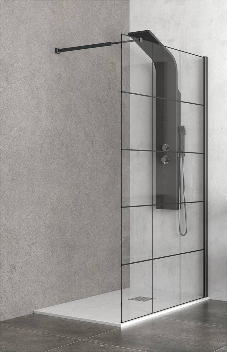 Nero Free1 80 см. статичен черен параван за баня с AntiCalc и 6 мм частично матово закалено стъкло - KERANOVA