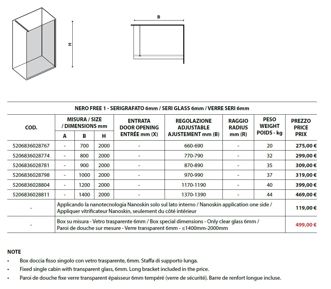 Nero Free1 80 см. статичен параван за баня черен профил 6 мм закалено стъкло AntiCalc KERANOVA