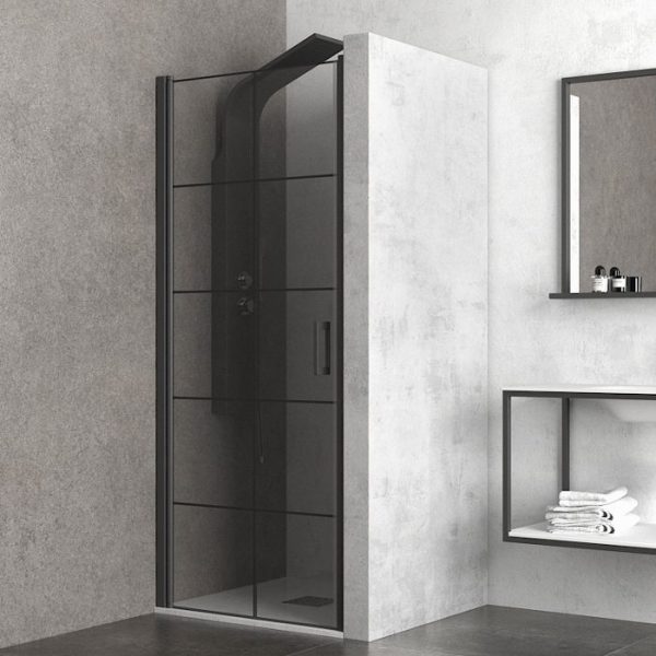 Nero Pivot 80 - 79.5-85 см. - частичен мат черен 6 мм стъклен параван за баня с магнитен уплътнител и алуминиев профил - KERANOVA