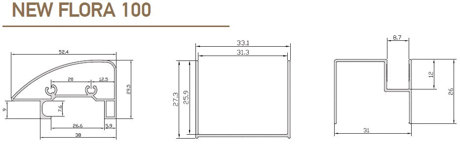 Душ кабина New Flora 100 - 70x70 см. технически чертеж с размери и профил, прозрачно закалено стъкло, хромиран профил