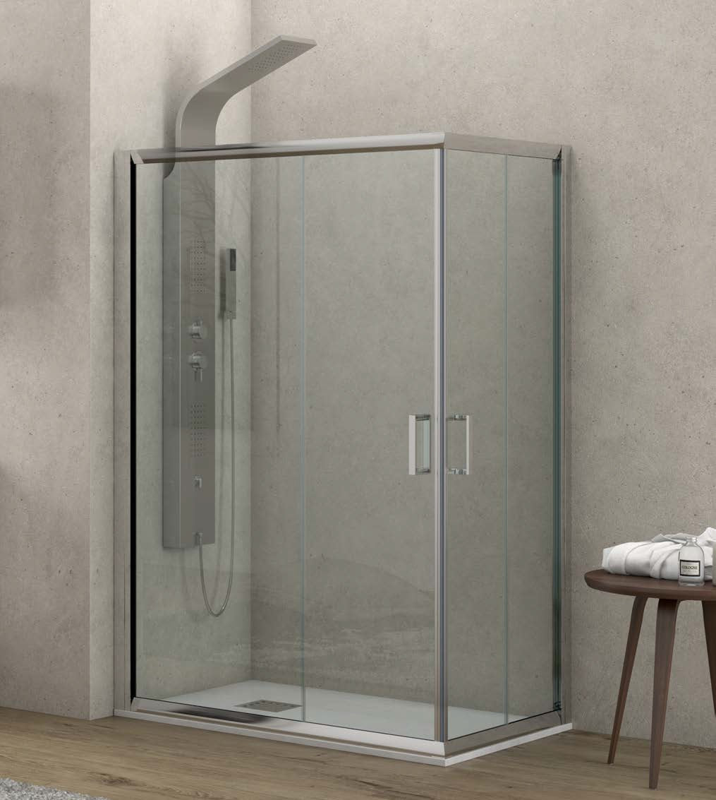 Асиметрична кабина New Flora 100 - 80х110 см. от KERANOVA, прозрачна 5.5 мм закалено стъкло, хром профил, височина 180 см, магнитни уплътнения