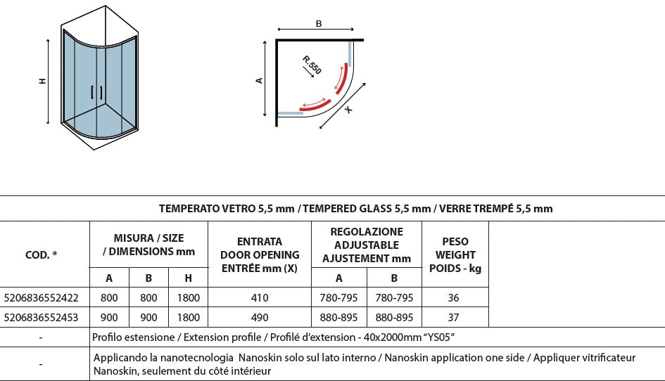 Душ кабина New Flora 200 - 80x80 см. - мат стъкло, овална 80x80 см с 5,5 мм мат стъкло, хром профил, магнитни уплътнения