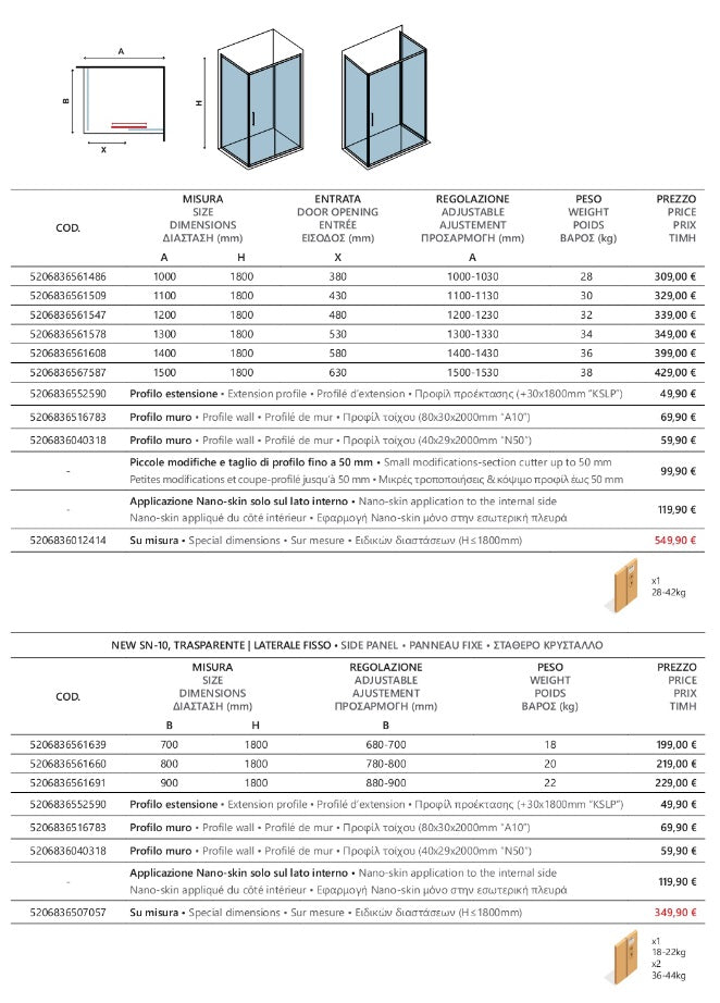 New Flora 500 SN10 - 80х110 асиметрична душ кабина 5,5 мм закалено стъкло, магнитен уплътнител, алуминиев профил - KERANOVA онлайн магазин