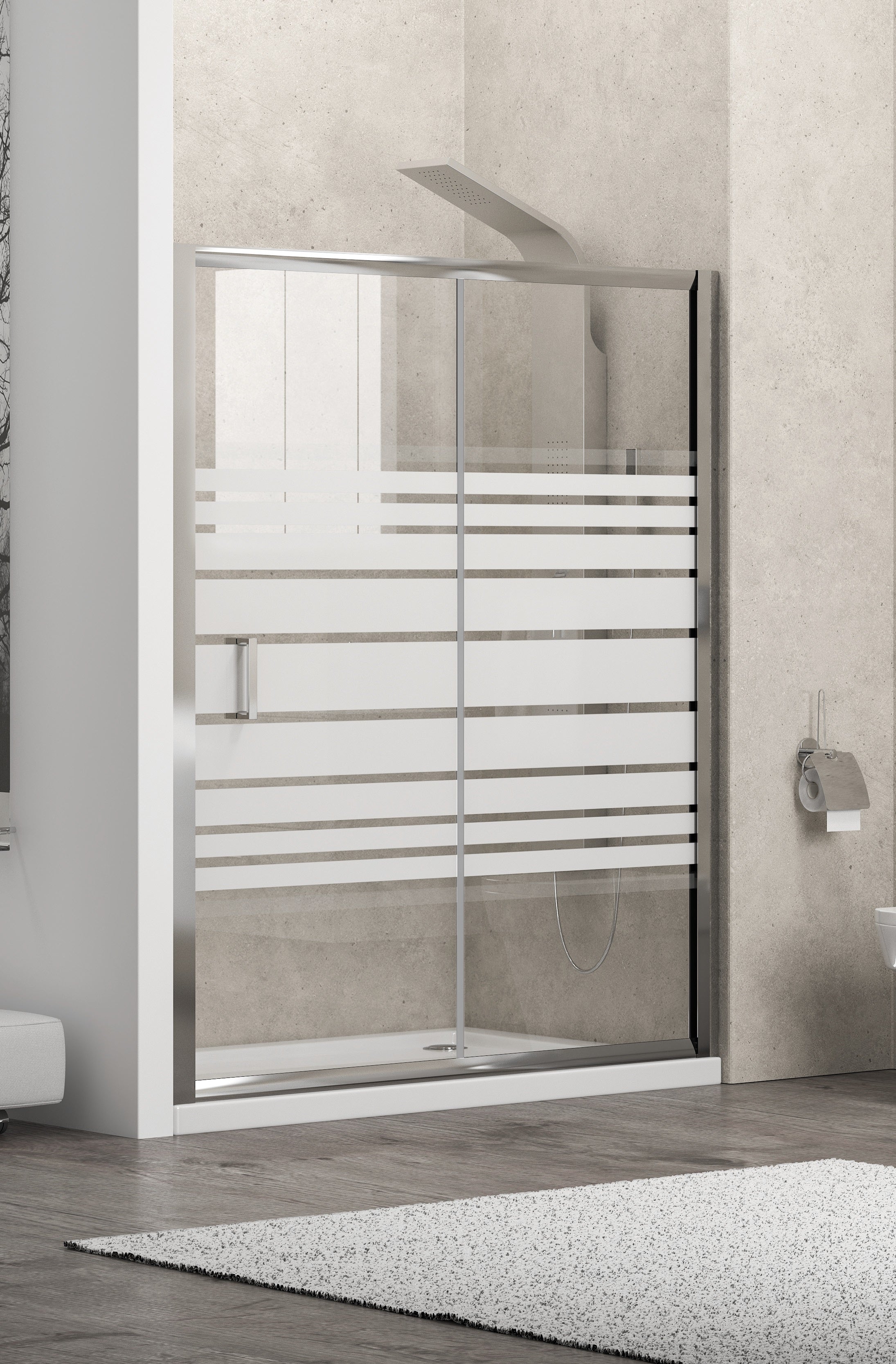 New Flora 500 - 160 см. Частичен мат душ параван с плъзгаща врата, хром алуминиев профил, 5.5 мм частичен мат, KERANOVA онлайн магазин