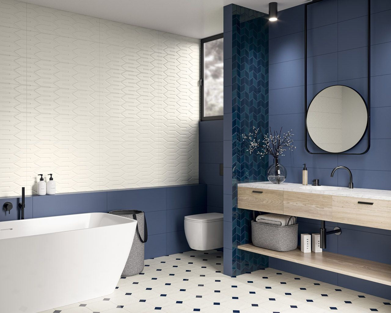 Nightwish 25x75 Paradyz матирани калдбровани плочки за баня в онлайн магазин KERANOVA, модерен синьо-бял дизайн