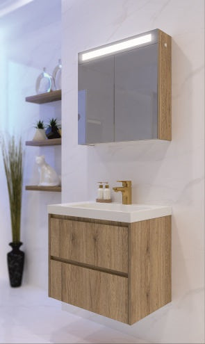 Серия Орегон  60 см. PVC HPL горен шкаф с LED огледало и долен шкаф с мивка Moduo Slim - онлайн магазин KERANOVA