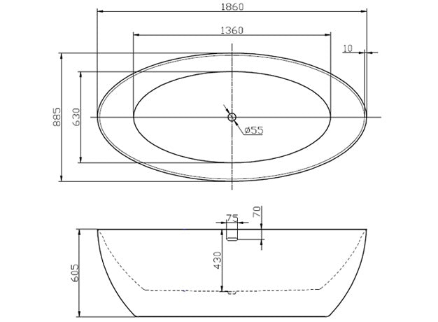 Свободно стояща вана Oval 186х89 см. — технически чертеж с размери 1860x885 мм, акрилна двустенна конструкция, KERANOVA онлайн магазин