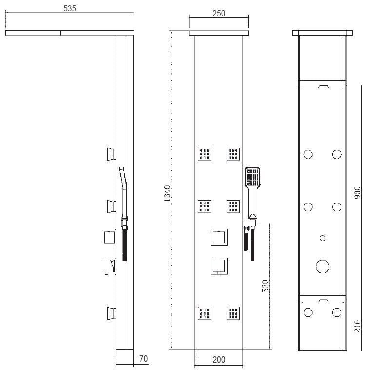 Хидромасажен душ панел Thalia - технически чертеж с размери и разположение на каскадна глава, хидродюзи и ръчeн душ