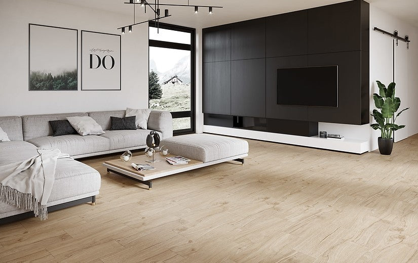 Серия Pine Wood 18.5x59.8 см. - Cersanit полски гранитогрес имитиращ дърво в модерна всекидневна KERANOVA