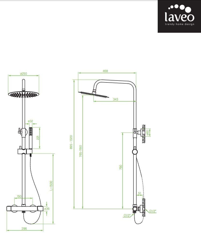 Душ колона Pretto Graphite - Laveo технически чертеж с размери за онлайн магазин KERANOVA