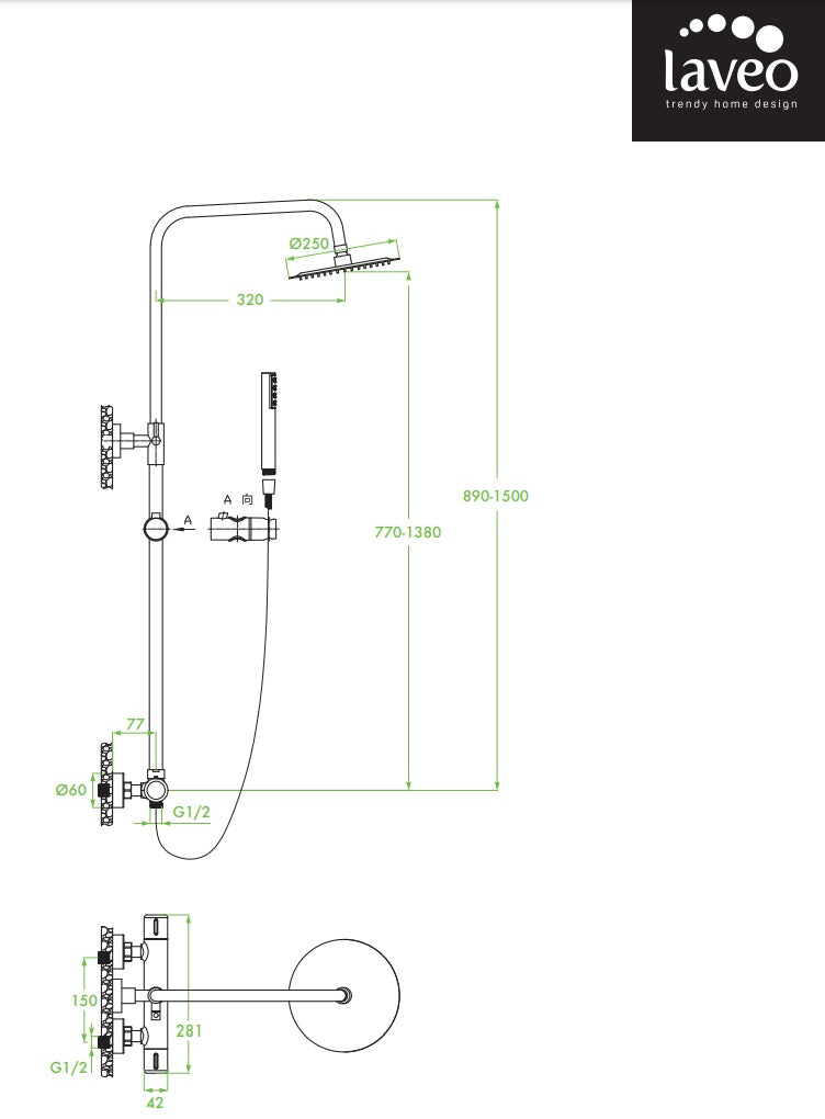 Термостатична душ колона Pretto Thermostatic - Laveo, технически чертеж с размери, телескопична височина 89,5-132 см за онлайн магазин KERANOVA