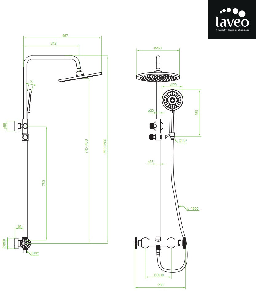 Душ колона Muro Graphite - Laveo с дъждовна пита Ф25 см, ръчен душ и телескопична тръба, онлайн магазин за обзавеждане за бани KERANOVA